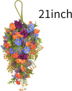21 Inch Artificial Daisy Teardrop Swag Fall Harvest Teardrop Swag Autumn Daisy Decorative Swag Wreath for Front Door Halloween Thanksgiving Window Decor