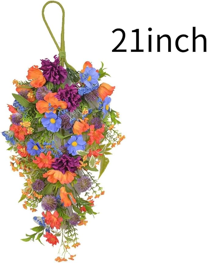 21 Inch Artificial Daisy Teardrop Swag Fall Harvest Teardrop Swag Autumn Daisy Decorative Swag Wreath for Front Door Halloween Thanksgiving Window Decor