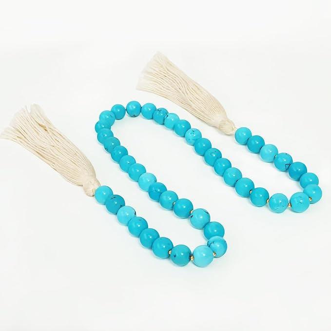 Gemstone Bead Garland with Tassel,31inch Farmhouse Rustic Country Table Decor Prayer Healing Beads Boho Wall Shelf Hanging Decoration (Turquoise Ball)