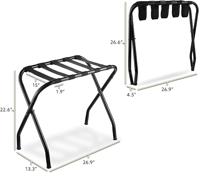 Bartnelli 2-Pack Folding Luggage Rack Collapsible Metal Suitcase Stand with Durable Black Nylon Straps- for Bedroom, Guest Room, or Hotel (Black Steel)