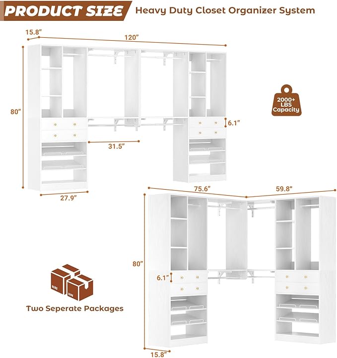 10FT Closet System with 4 Drawers, 120" Closet Organizer System with 6 Hanging Robs & Reversible Shelving, Closet Systems for Walk-in Closets, White