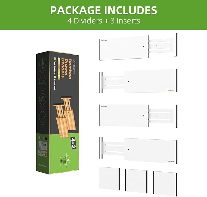ANTOWIN 4 Pack Expandable Drawer Dividers, 4.7'' High, Extend from 12.2'' to 17.7'', Dresser Drawer Organizers, Bamboo Separators for Kitchen, Bedroom, Office, Bathroom (White)