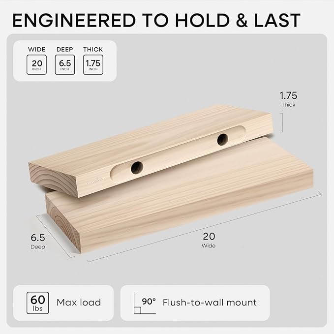 Homeforia 20 inch Wood Floating Shelves, High End Solid Natural Wood 20inch Floating Shelf for Wall Mounted, Unfinished Wooden 20in Floating Shelves, Heavy Duty Bracket, 20 X 6.5 X 1.75 inch, Set of 2