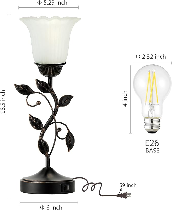 Touch Leaf Bedside Table Lamp with 2 USB Ports Nightstand Lamps | 3-Way Dimmable Vintage Lamps White Glass Shade Vintage Rural Leaf Lamp for Living Room Bedroom Side Table, LED Bulb Included
