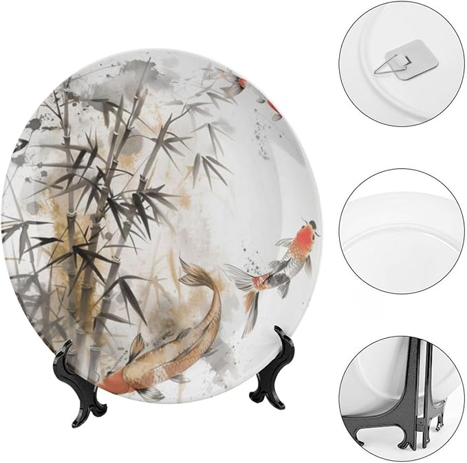 Ink Painting Theme Decorative Ceramic Plate Round Porcelain Plate,Tree and Fish Pattern,for Decorative Ornaments Giving Plates, 1 Plate with 1 Display Stand,Black White red,8 inch