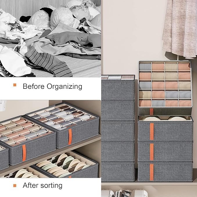 3pack Wardrobe Clothes Organizer，Foldable Underwear Storage Box Fabric Storage Bin with Divider for Socks Bra Clothes Underwear Organizer Drawer Multifunctional Household Box (Dark gray)
