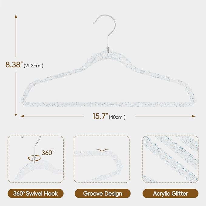 50 Pack Clear Plastic Hangers with Blue Glitter, Acrylic, Ultra Slim, Space Saving, for Coats, Pants, Suits, Shirts, Skirts, Dress Clothes