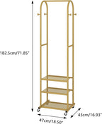 Heavy Duty Clothing Rack with Wheels,Modern Garment Rack with 3 Metal Shelves, 71.8Inches Display Rack for Hanging Clothes, Hanging Rod for Small Space,Gold