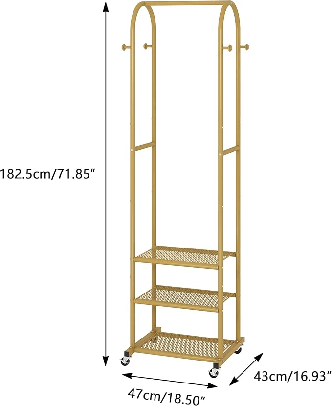Heavy Duty Clothing Rack with Wheels,Modern Garment Rack with 3 Metal Shelves, 71.8Inches Display Rack for Hanging Clothes, Hanging Rod for Small Space,Gold