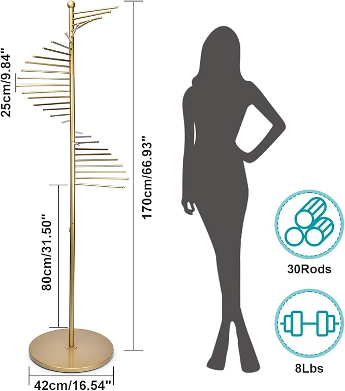 Metal Scarf Rack, Freestanding Spiral Scarf Holder Commercial Hijab Organizer Belt Pants Hanger with 30 Rods for Clothing Store Home, Space Saving Shelves (Color: Gold, Size: 17''x67'')