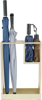 MyGift Modern Brass Tone Metal Entryway Umbrella Rack with Geometric Design, 13 x 5-inch Wide Rectangular Freestanding Cane Umbrella Holder with Shelf for Small Umbrellas and Bottom Drip Catch Tray