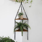 Artilady Black Corner Shelf Wall Hanging - 2 Tier Wood Floating Shelves, Rustic Boho Wall Shelf Decor Hand Woven Cotton Rope Storage Rack for Plants Pots Photo Frames (Black)