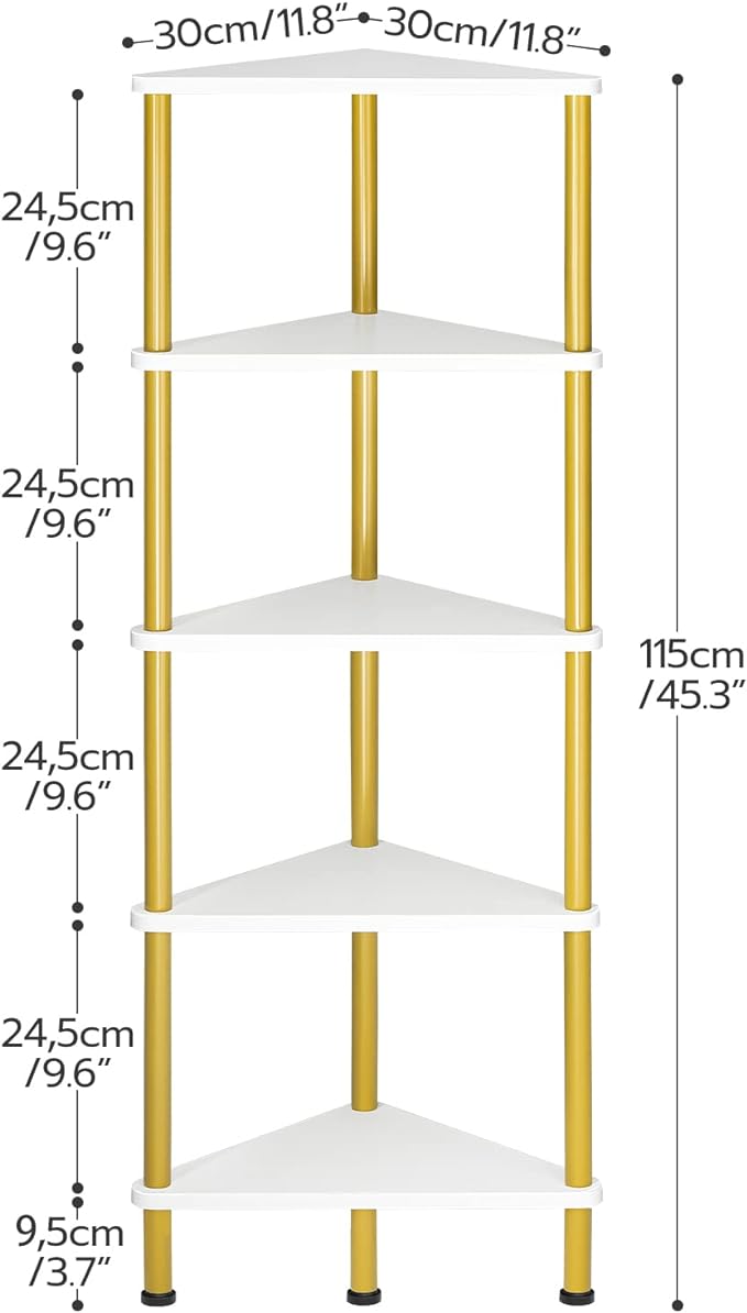HOOBRO Corner Shelf Stand, Industrial 5-Tier Wall Corner Bookshelf with Metal Frame, Plant Display Shelf, Bookcase for Small Spaces, Bedroom, Living Room, White and Gold DW33CJ01