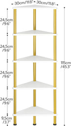 HOOBRO Corner Shelf Stand, Industrial 5-Tier Wall Corner Bookshelf with Metal Frame, Plant Display Shelf, Bookcase for Small Spaces, Bedroom, Living Room, White and Gold DW33CJ01