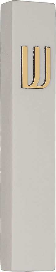 A&S Mezuzot Modern Concrete Mezuzah Case with Scroll, Easy Peel and Stick Mezuza (Grey+ Gold Shin, 6 Inches)