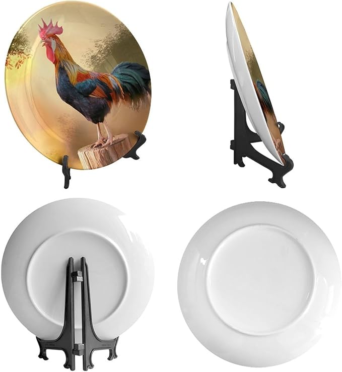 Rooster Decorative Ceramic Plates, 10 Inch, Crowing Cock Round Display Plate, Decorative Plates with Stand, for Kitchen Living Room Office Countertop Decor