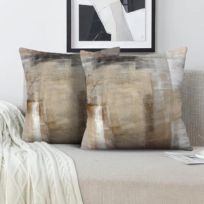 Beige Abstract Art Artwork Pillow Cover, Gallery Modern Decorative Throw Pillows Cushion Cover for Bedroom Sofa Living Room 24 x 24 Inch Set of 2