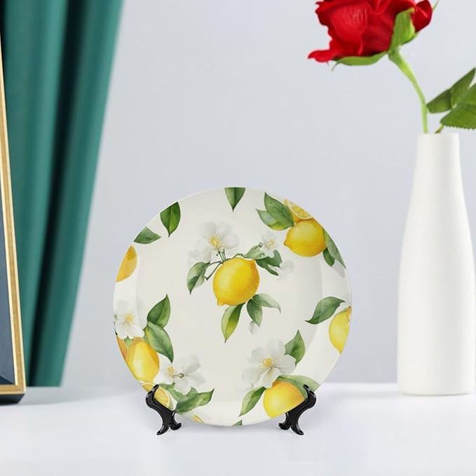 Lemon Theme Decorative Ceramic Plate Round Porcelain Plate,10 inch,Fruit Watercolor Pattern,for Decorative Ornaments Giving Plates,1 Plate with 1 Display Stand,Yellow Green