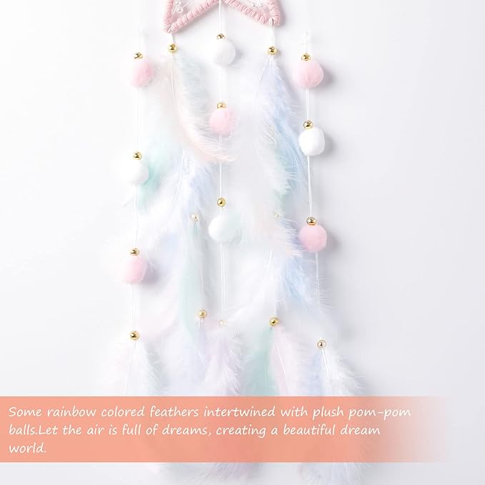 Pretty Jolly Pink Star Kids Dream Catcher Wall Decor Pompom Feather Baby Dreamcatcher Handmade Children Dream Catcher Home Décor Wall Hanging for Nursery Bedroom Boys Girls Birthday Gift-25.6in