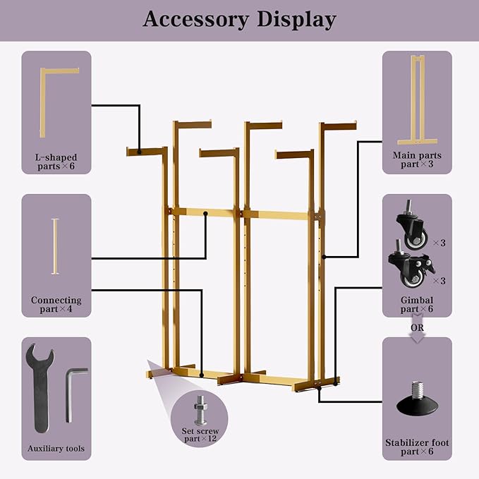 Clothing Racks - Metal Garment Racks for Retail Display Hanging Clothes, Heavy Duty Gold Commercial Clothing Display Rack with Wheels, FreeStanding Sturdy Clothes Organization (6 Arm,Gold)
