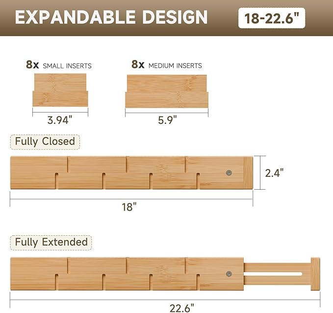 Kitchen drawer organizer,expandable bamboo drawer divider,include 8 dividers,8 small inserts and 8 medium inserts for Home, Office, Dressers (Long-8 Dividers)