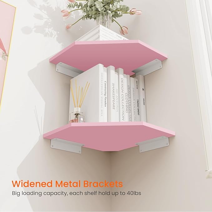 Homode Corner Shelf Wall Mount, Set of 4 Corner Floating Shelves, Wood Hanging Storage Shelving with Cord Hole, Wall Shelf Organizer for Bathroom Bedroom Living Room Office, Pink