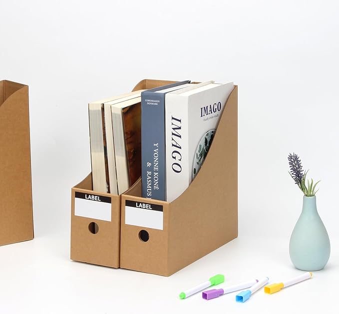 24 Pcs Cardboard Magazine File Holders, Bulk Kraft Paper Magazine Book Bin Box with Label Sticker, Paper Organizer Storage Folder for School Classroom Office Library Home Supplies Desk Shelve