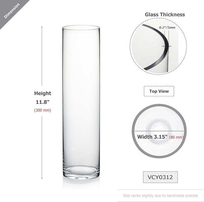 WGVI Quality Thick Weighted Clear Cylinder Glass Vases, 3" W x 12" H, Skinny Bud Vase Narrow Floral Bouquet Flower Arrangements Storage Container Candle Holders Decorative Accents, 6 Pieces
