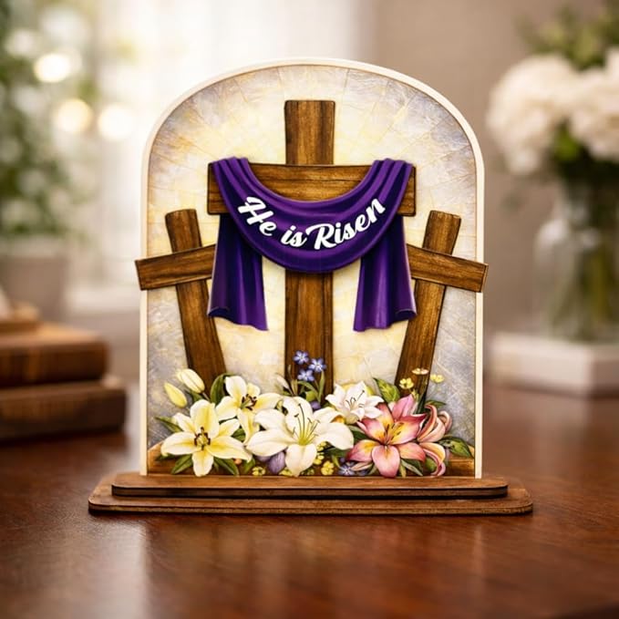 KATINAT He Is Risen Easter Decor Wooden Plaque – Christian Resurrection Cross Table Sign with Purple Cloth, Religious Easter Decoration for Home, Church, Christian Gift, Resurrection Sunday Decor