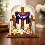 KATINAT He Is Risen Easter Decor Wooden Plaque – Christian Resurrection Cross Table Sign with Purple Cloth, Religious Easter Decoration for Home, Church, Christian Gift, Resurrection Sunday Decor