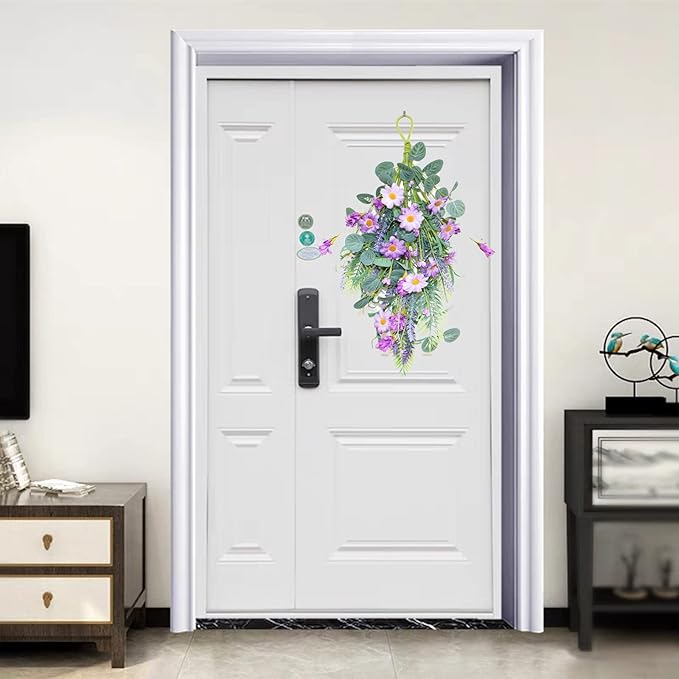 19.7in Purple Lavender Daisy Teardrop Swag, Artificial Floral Swag with Green Leaves, Fake Daisy Flower Swag Front Door Decorative Swag for Door Wall Wedding Arch Decor(Multicolour)