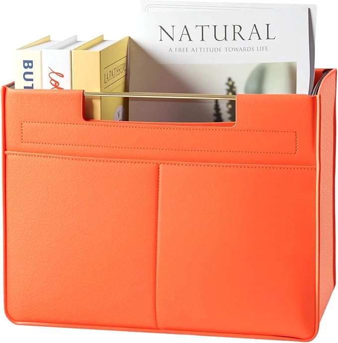Leather Magazine Holder Foldable with Handles，Stable Magazine Rack Floor，Magazine Basket File Holder Storage，Document File Folder Organizer Free Standing for Office Living Room (orange)
