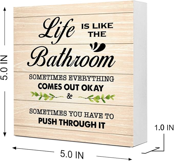 Burlywood Life is Like The Bathroom Wooden Box Sign Desk Decor,Funny Bathroom Wood Block Sign for Farmhouse Toilet Shelf Decor