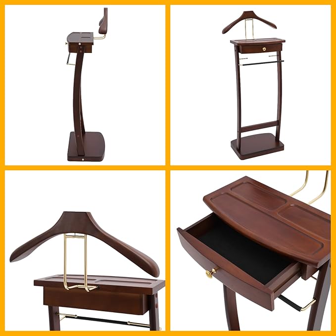 Clothes Valet Stand, Freestanding Wood Suit Stand w/ Drawer & Compartment, Contour Hanger, Trouser Bar, Belt Hooks, Shoe & Accessory Storage Rack for Home, Hotel, Office, 17.32*11.81*44.09in Walnut