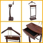 Clothes Valet Stand, Freestanding Wood Suit Stand w/ Drawer & Compartment, Contour Hanger, Trouser Bar, Belt Hooks, Shoe & Accessory Storage Rack for Home, Hotel, Office, 17.32*11.81*44.09in Walnut