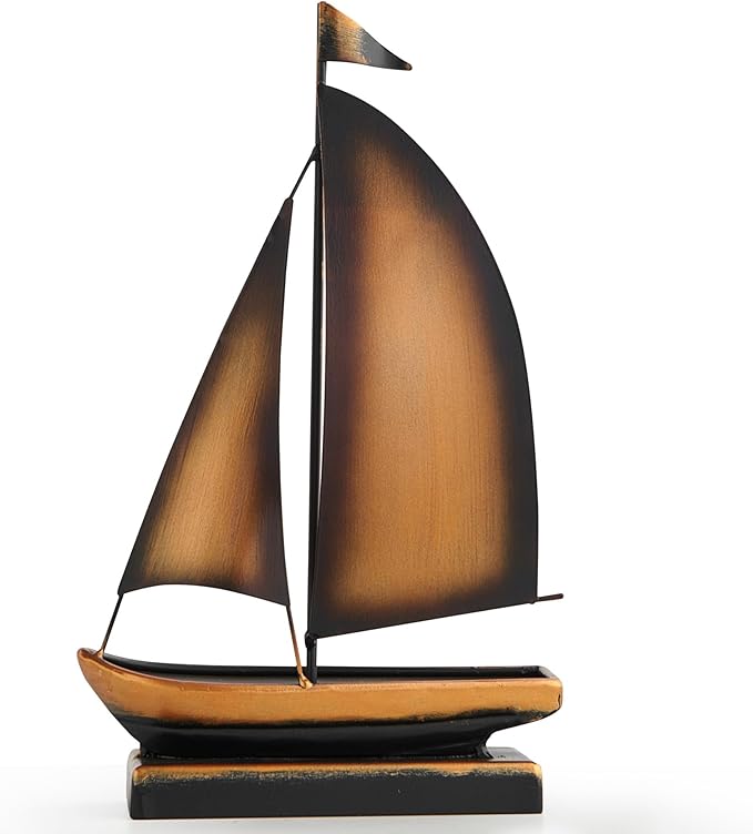 Retro Metal Sailboat Decor, Iron Nautical Sculpture for Home, Vintage Boat Figurine for Living Room Table, Office Desk, Bookshelf, Coastal Style Decoration (Brass)