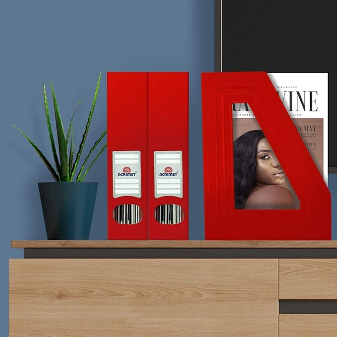 Acrimet Magazine File Holder Bin Storage, Vertical Rack for Documents, Folders and Mail, Durable Plastic Desk Organizer for Office & Home (Solid Red Color) (2 Pack)
