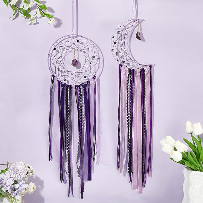 DIY Purple Moon Lace Gothic Dream Catcher kit 2 Set Boho Large Half Circle Handmade Dream Catcher Kit with Purple Agate for Wall Decor Women Gift Moon Sun DIY Gifts for Bedroom Christmas