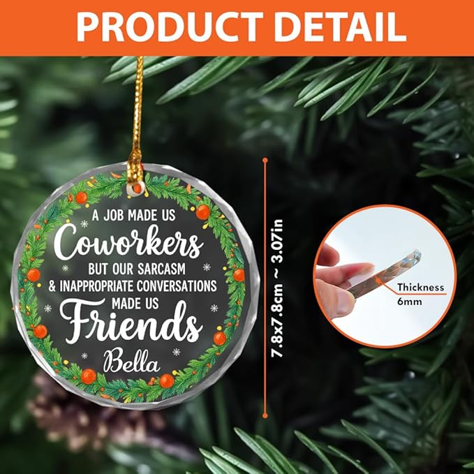 BSQUIELE Personalized Coworkers Glass Ornament 2025 - Friendship Gift for Work Bestie, Work Friends, Best Friends - Funny Coworker Appreciation Keepsake - Unique Xmas Tree Hanging Decoration