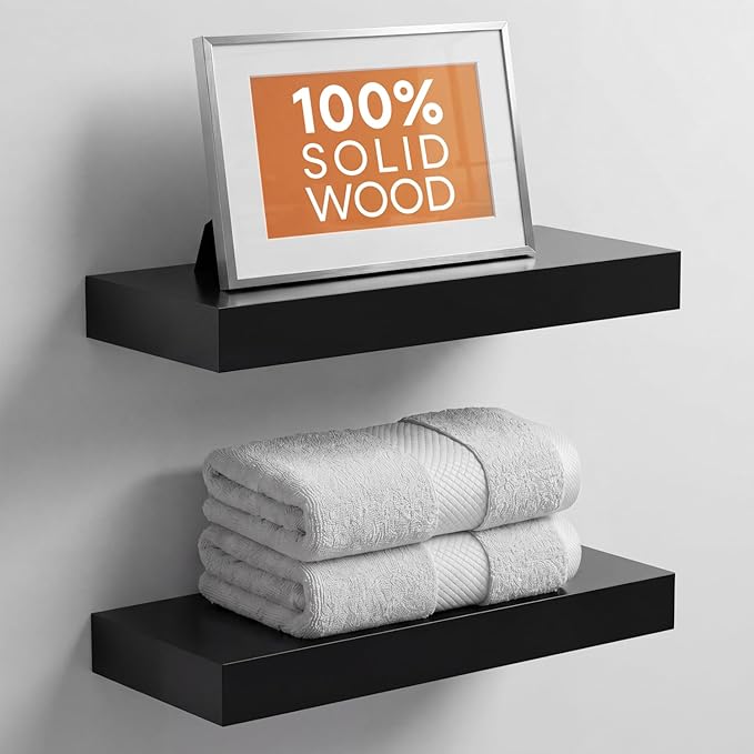 Homeforia 16 inch Black Floating Shelves, High End Solid Real Wood 16inch Bathroom Floating Shelves for Wall Mounted, 16in Wooden Small Floating Shelf, Heavy Duty Bracket, 16 X 6.5 X 1.75 in, Set of 4