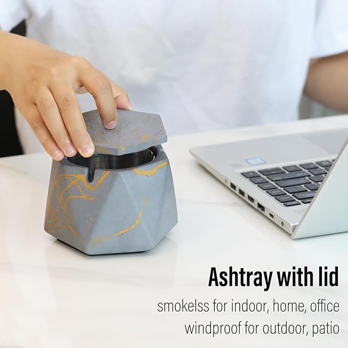 FREELOVE Concrete Ashtray with Lid & Stainless Steel Ashtrays for Cigarettes, Cement Ash Tray Smoking Holder Indoor Smokeless Outdoor Windproof Patio Home Office Cool Decor(Grey-Gold, Large)