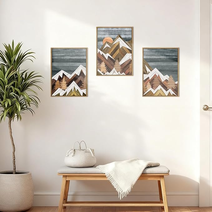 Framed Mountain Wall Art Boho Mountain Wall Decor Modern Nature Artwork 12" Lx16 W Set of 3 Rustic Mountains Wall Pictures Landscape Art Prints Boho Mountain Paintings for Living Room Bedroom Office Farmhouse