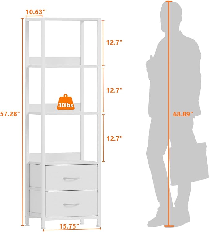 Furnulem 4-Tier Corner Shelf, Bookshelf with 2 Storage Drawers, 57.28”Tall Narrow Bookcase, Standing Shelf Organizer Unit for Living Room, Bedroom, Metal Frame, Wood Display Shelf
