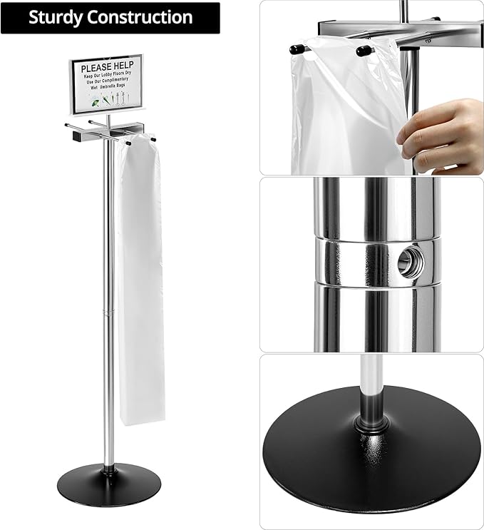 QWORK Umbrella Bag Dispenser Stand, Stainless Steel Dual-Side Holder, 8x11 Sign Frame, 6 lb Freestanding Black Base, Includes 200 Long Umbrella Bags for Lobby Entryway