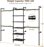 T1 Wall Mounted Closet System, Industrial Pipe Clothing Rack with 6 Wooden Shelves & 4 Telescopic Rods, Heavy Duty Closet Organizers and Storage in Wardrobe Closet (Black)