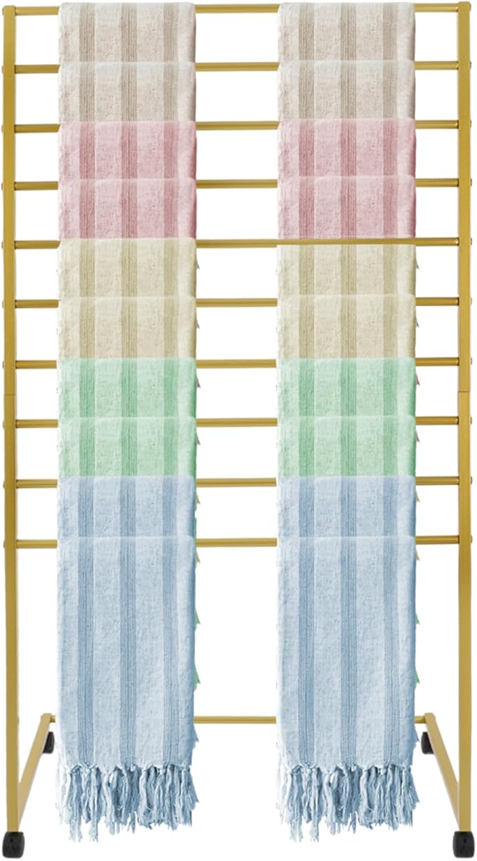 DouSeiAi 10-Tier Movable Scarf Organizer Holder Accessory Display Stand, Freestanding Metal Organizer Rack for Retail Stores, Towel, Belts, Ties, and Pants (Gold, 10-Tier)
