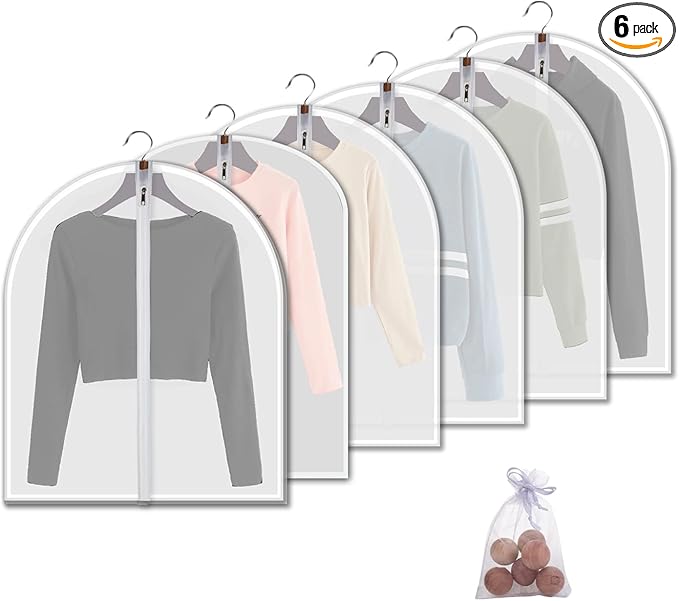6 Pack Short Garment Bags (24x31") - Dustproof Covers for Kids Clothes - Durable PEVA Storage Bags with Sturdy Zipper for Dance Costumes, Tops & Folded Pants (Translucent)