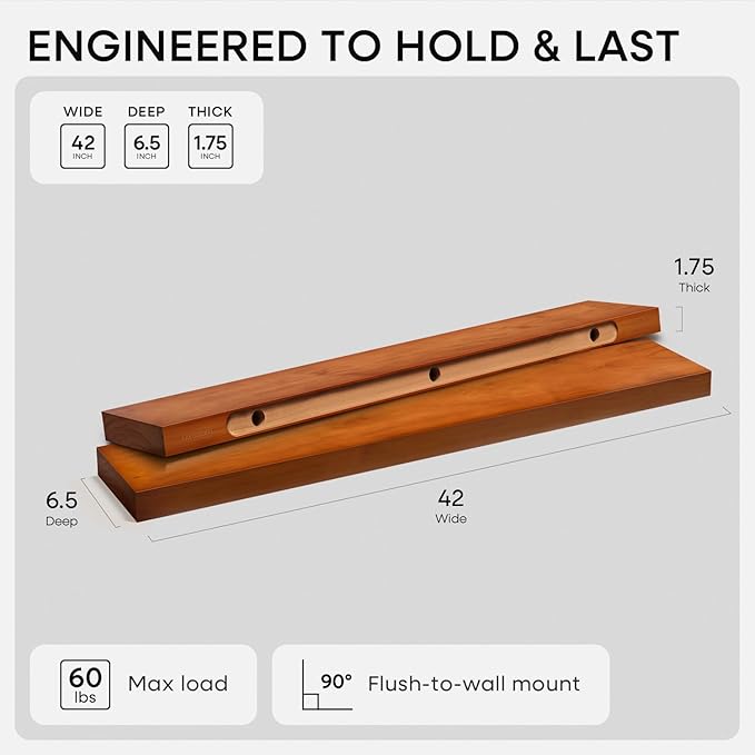 Homeforia Oak Floating Shelves 42 inch Long, High End Solid Real Wood 42inch Floating Shelves for Wall Mounted, Honey Oak Wooden 42in Floating Shelf, Heavy Duty Bracket, 42 X 6.5 X 1.75 in, Set of 3