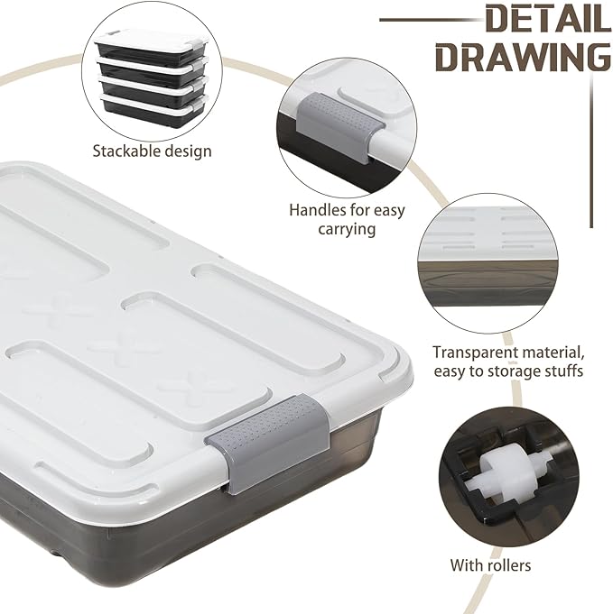 4 Pcs Plastic Under Bed Storage Containers with Lid Wheel Handle, Transparent Large Capacity Stackable Latching Storage Bins for Closet Bedroom Clothes Shoes (Brown,23.7 x 15.8 x 5.2)