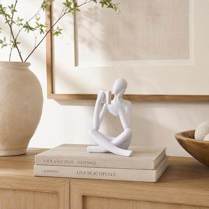 White Bookshelf Decor Thinker Statue, Abstract Reading Figurine Style B, Resin Decorative Bookend for Coffee Table, Shelf, Home Office, Library